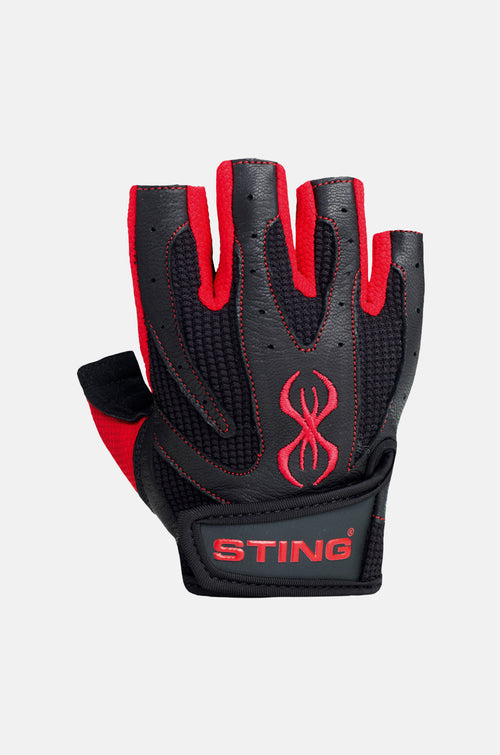 Black and red Sting fingerless training glove with breathable mesh and padded palm.
