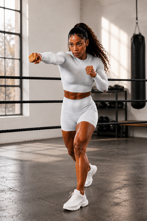 Woman in a white athletic outfit posing against a gray background