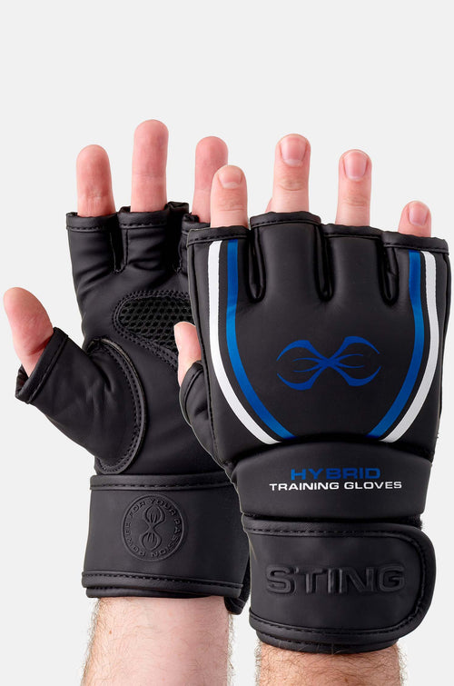 STING Black Blue Mma Training Gel Hybrid Gloves